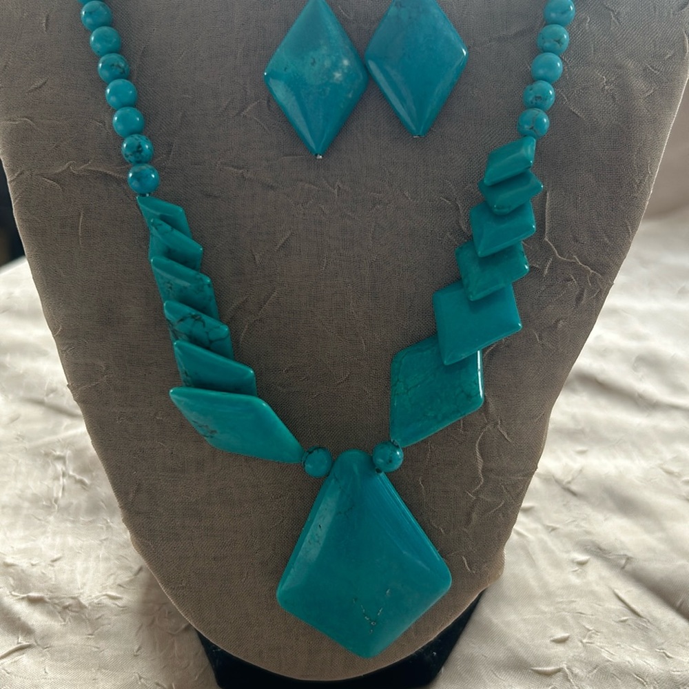 Jay King Style Turquoise Layered Diamond Shape 925 Sterling Necklace & Earrings.